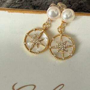 Freshwater Pearl & Mother of Pearl Compass Rose Drop Earrings | CZ North Star